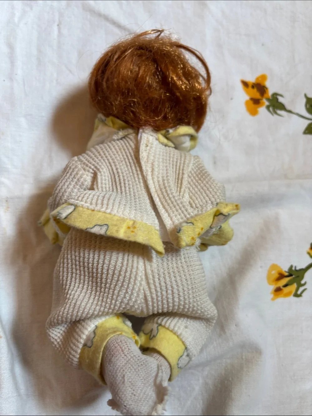 VTG -Yellow-Trim Cream Knit porcelain Baby Doll Outfit with Decorative Buttons